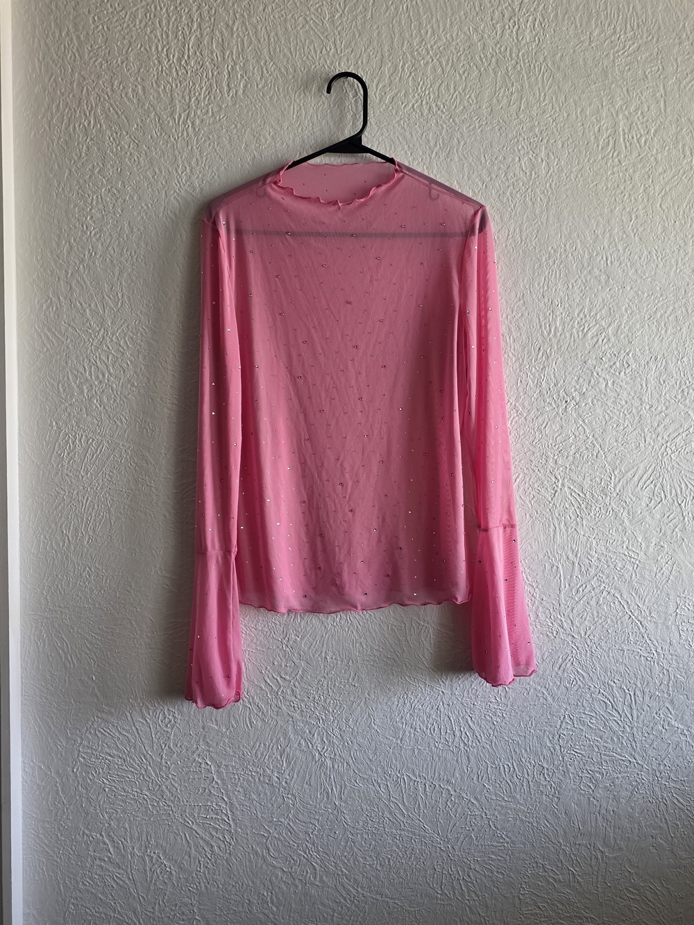 Whimsigoth Sheer Pink Sparkle Rhinestone Embellished Long-Sleeve Blouse